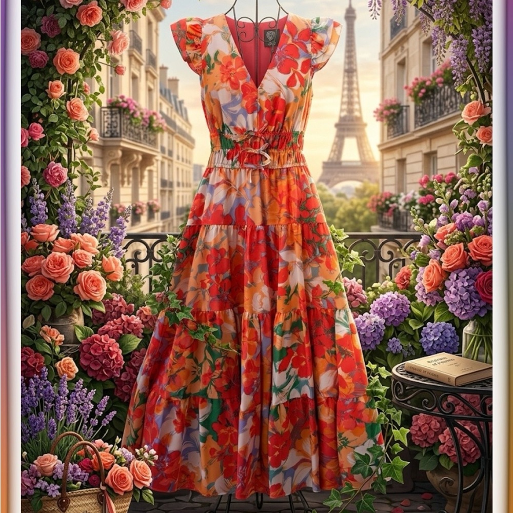 Floral Tiered Maxi Dress in Orange Red